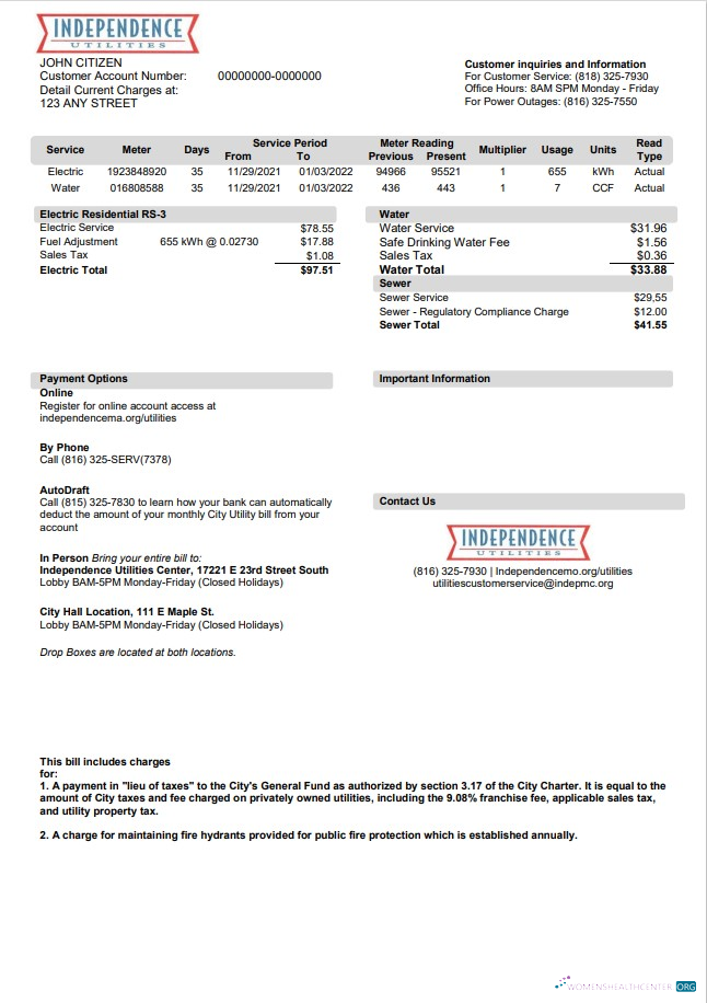 download USA Missouri Independence Utilities utility bill template in Word and PDF format, version 2 PDF template